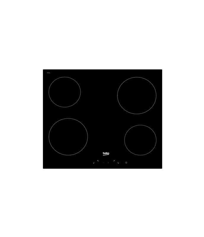 Beko built-in electric cooktop with four burners and touch controls in sleek black design.