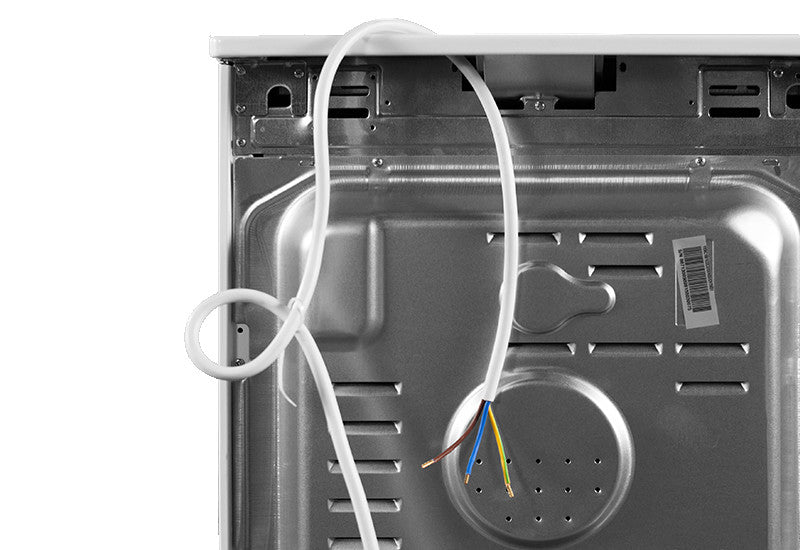 Back view of an electric stove oven with exposed wiring and metal casing, showing technical components.