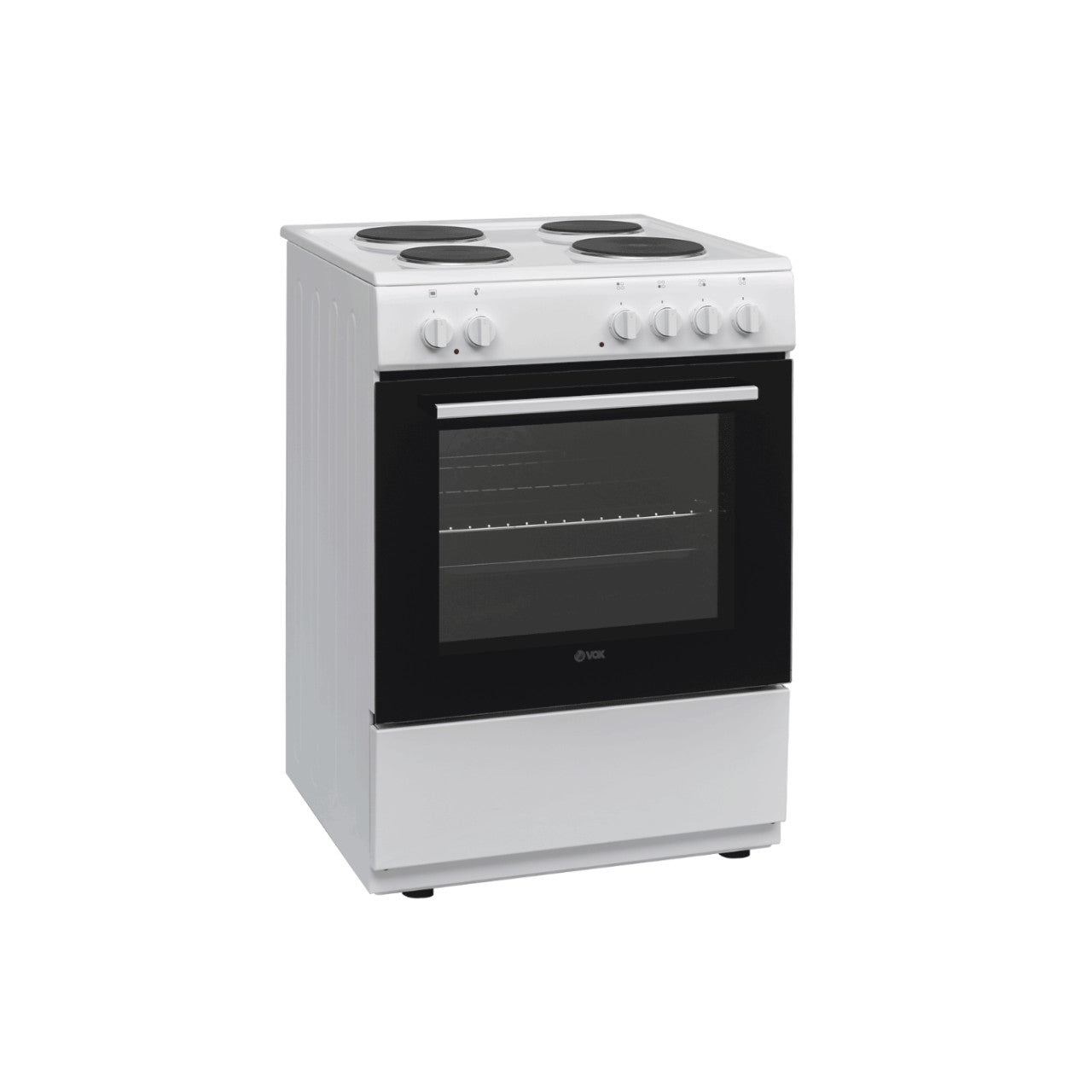White VOX EHB 600 WBF electric stove with four burners and glass oven door with interior lighting