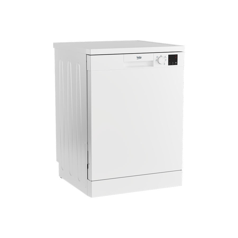 White Beko DVN 05320 W dishwasher with 13 place settings capacity and 5 washing programs shown on white background