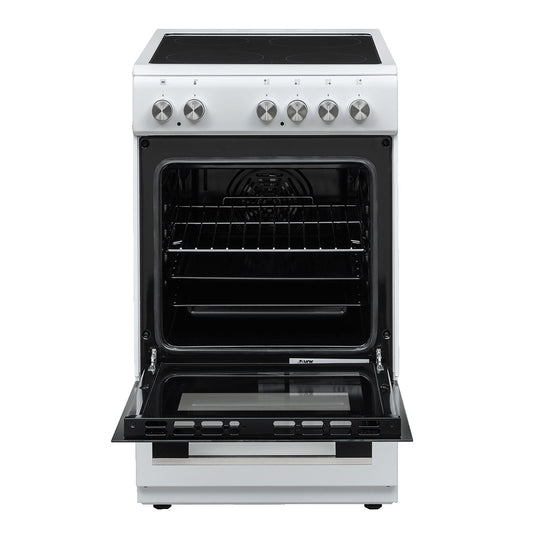 White VOX electric stove with open oven door and control knobs on top panel, designed for even cooking and turbo baking