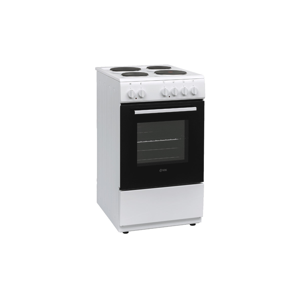 White VOX EHB 5010 WG electric stove with four burners and a glass oven door showing interior racks