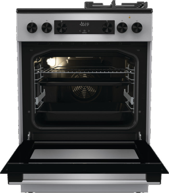Gorenje GKC6C60XT stove with open oven door, control knobs, and digital display panel in stainless steel finish.