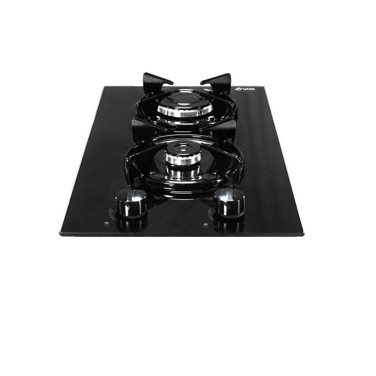 Black Vox built-in gas cooktop with two burners and mechanical control knobs on a sleek glass surface