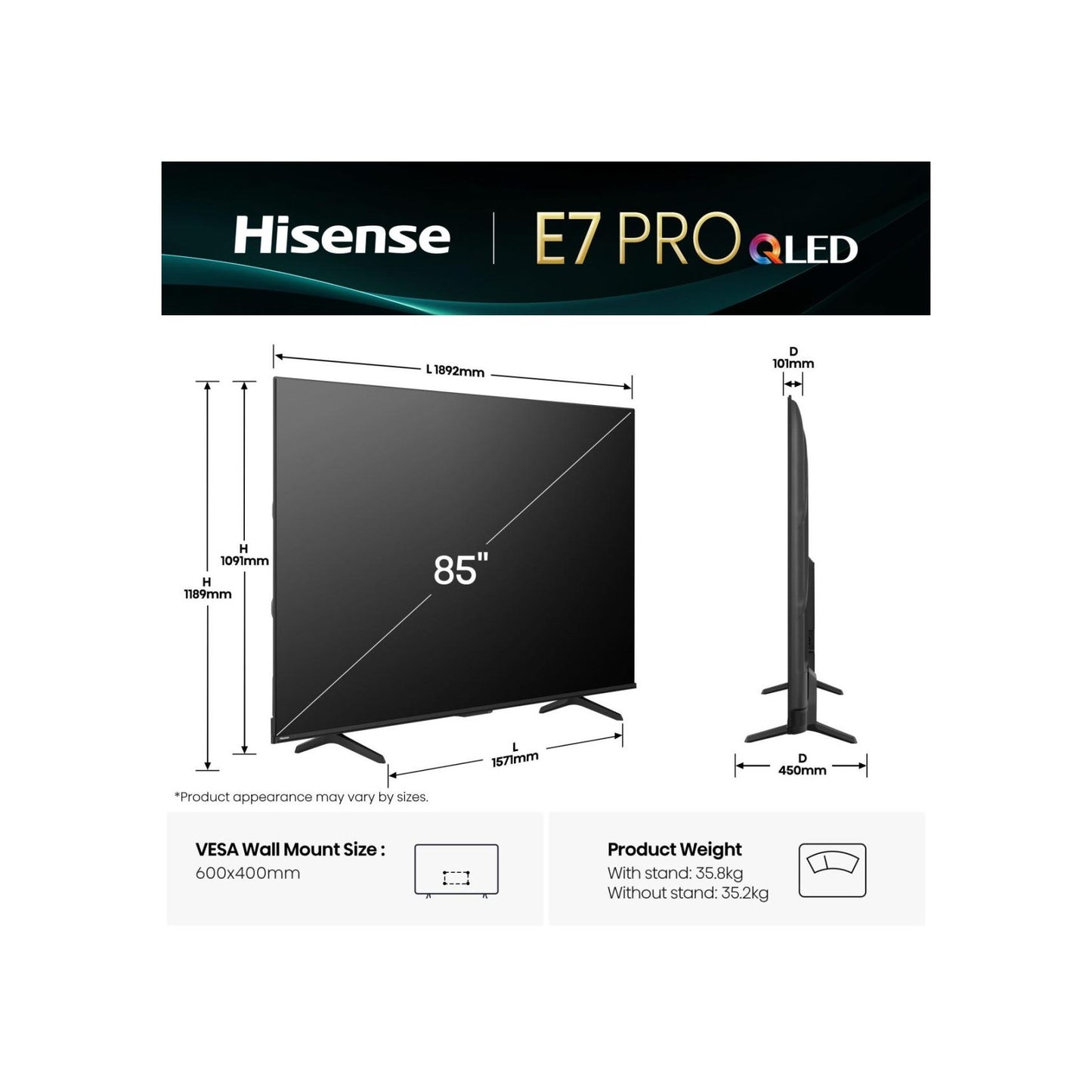 Hisense Smart QLED televizor 85E7Q PRO 144Hz 85" 4K UHD 5GOD Gar.