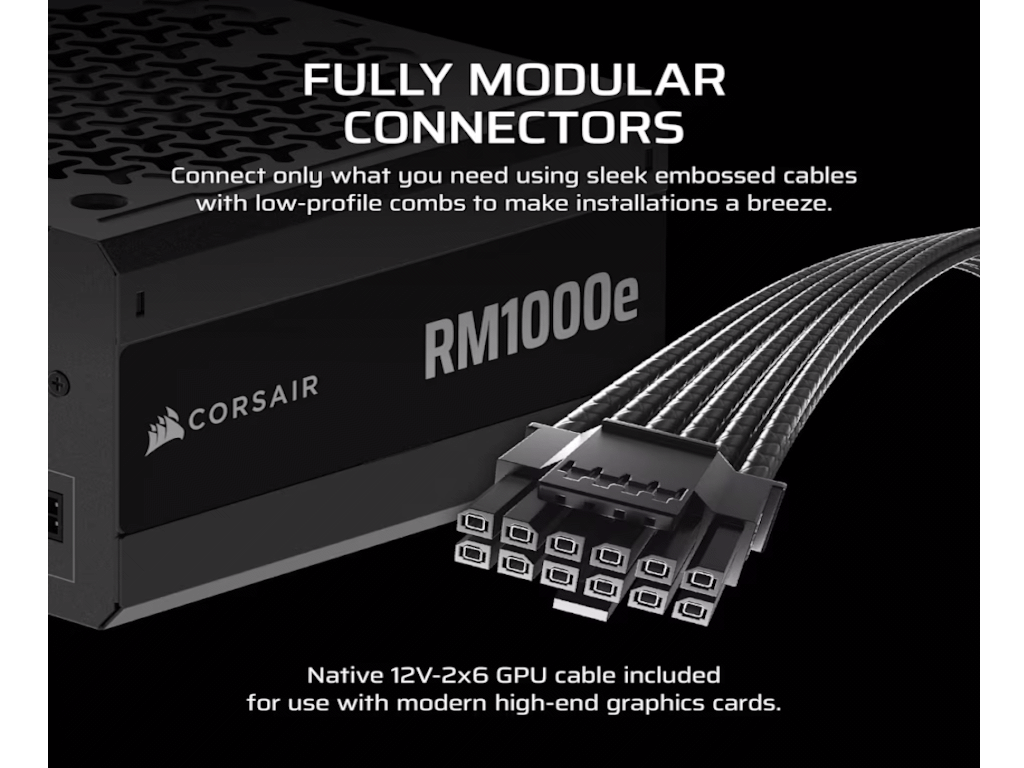 Corsair PSU 1000W RM1000eGold, Fully Modular, 12V-2x66xSATA, 3xPCIe, ATX 3.1, PCIe 5.1