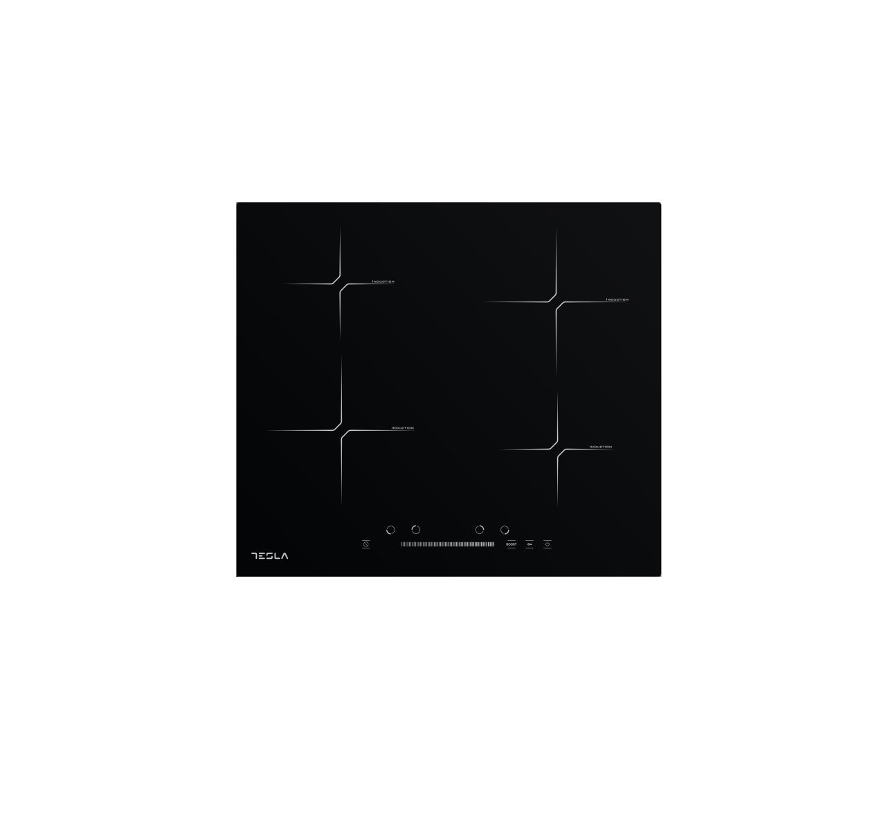 TESLA HI6401SB black induction cooktop with four burners and touch control panel, featuring child lock safety function.