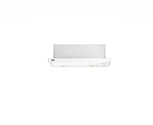 White telescopic range hood BEKO CTB 6250 W with LED lighting and three power levels for kitchen ventilation