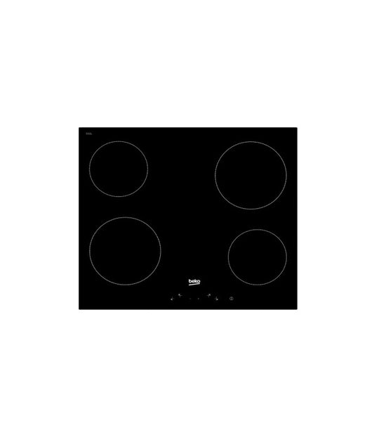 Beko built-in electric cooktop with four burners and touch controls in sleek black design.