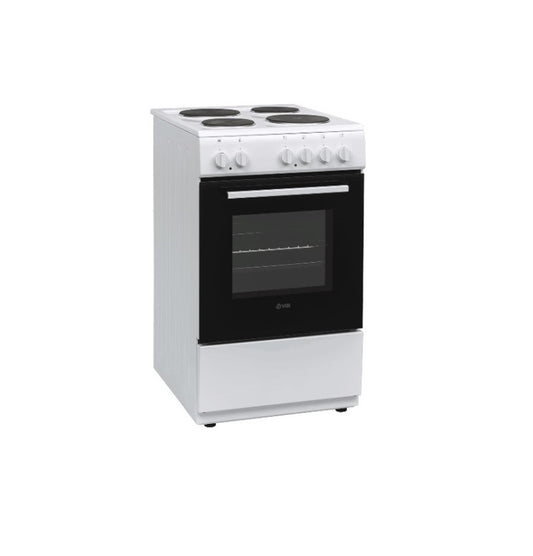 White VOX electric stove with four heating zones and a 55-liter oven for portable cooking use