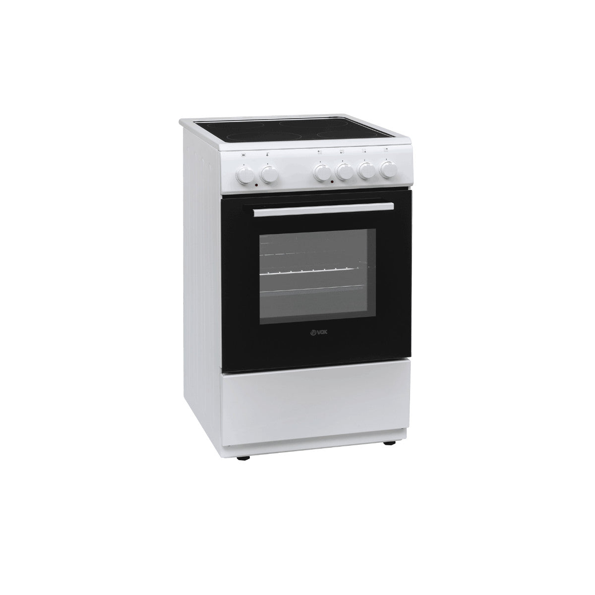 White VOX electric stove with black glass-ceramic cooktop and oven with removable door, model CHT 5000 WBF