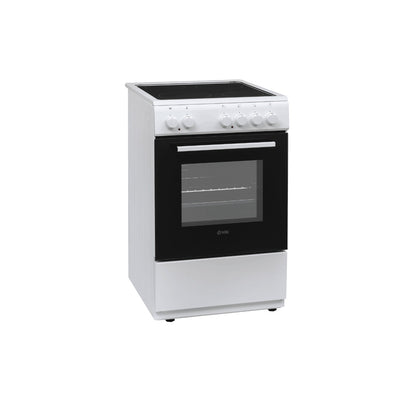 White VOX electric stove with black glass-ceramic cooktop and oven with removable door, model CHT 5000 WBF