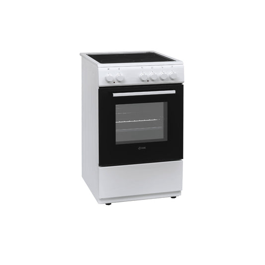 White VOX electric stove with black glass-ceramic cooktop and oven with removable door, model CHT 5000 WBF