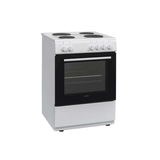 White VOX EHB 600 WBF electric stove with four burners and glass oven door with interior lighting