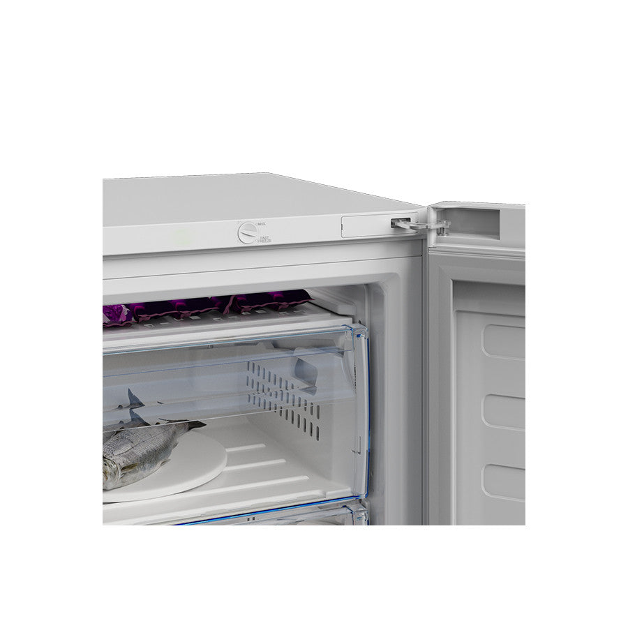 White Beko RFSA 240 M41WN freezer with open door showing fish inside and clear plastic drawers
