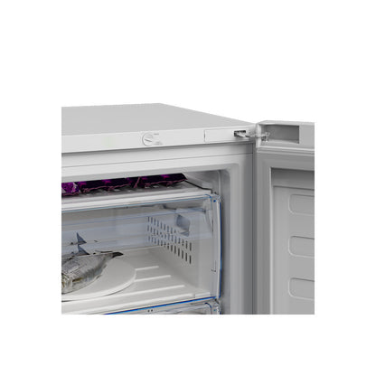White Beko RFSA 240 M41WN freezer with open door showing fish inside and clear plastic drawers