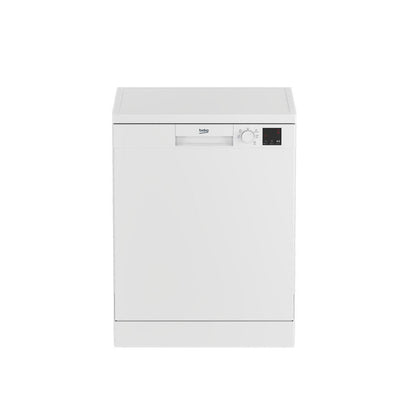 White freestanding Beko dishwasher DVN 05320 W with digital display and manual control knob for 13 place settings