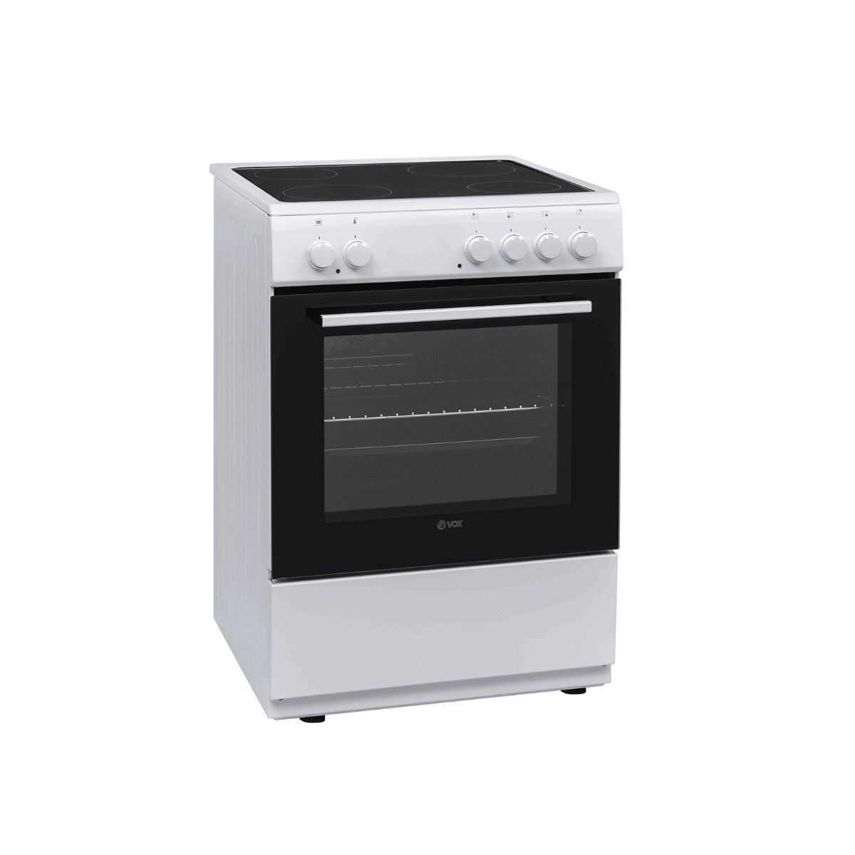 White VOX CHT6000WBF electric stove with four burners and glass oven door for easy cleaning and access