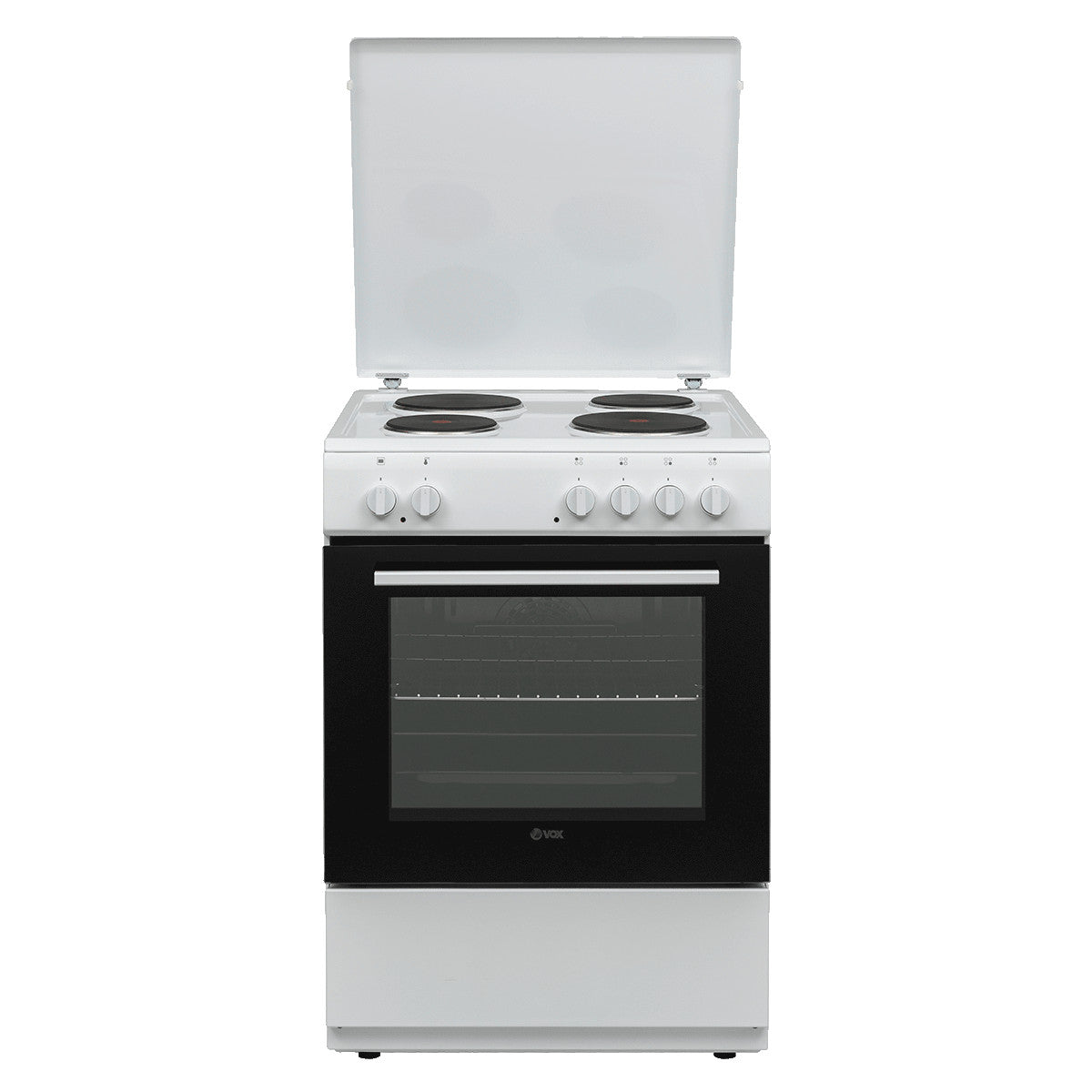 VOX EHT 6020 WG Turbo electric stove with four burners and front control knobs, white finish with black oven door