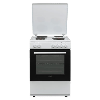 VOX EHT 6020 WG Turbo electric stove with four burners and front control knobs, white finish with black oven door