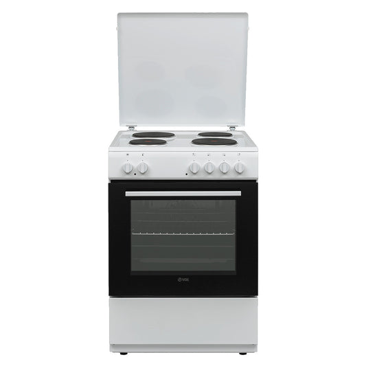 VOX EHT 6020 WG Turbo electric stove with four burners and front control knobs, white finish with black oven door