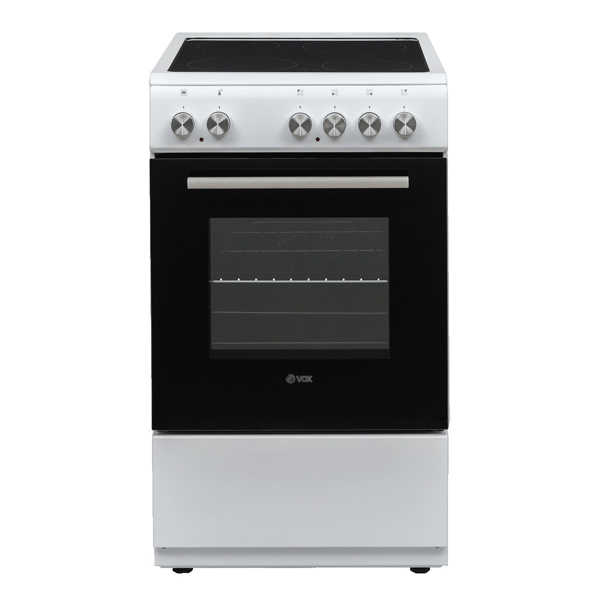VOX electric stove with black glass oven door and six control knobs on white top panel