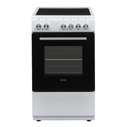 VOX electric stove with black glass oven door and six control knobs on white top panel