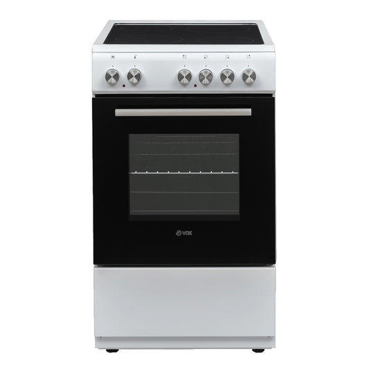 VOX electric stove with black glass oven door and six control knobs on white top panel