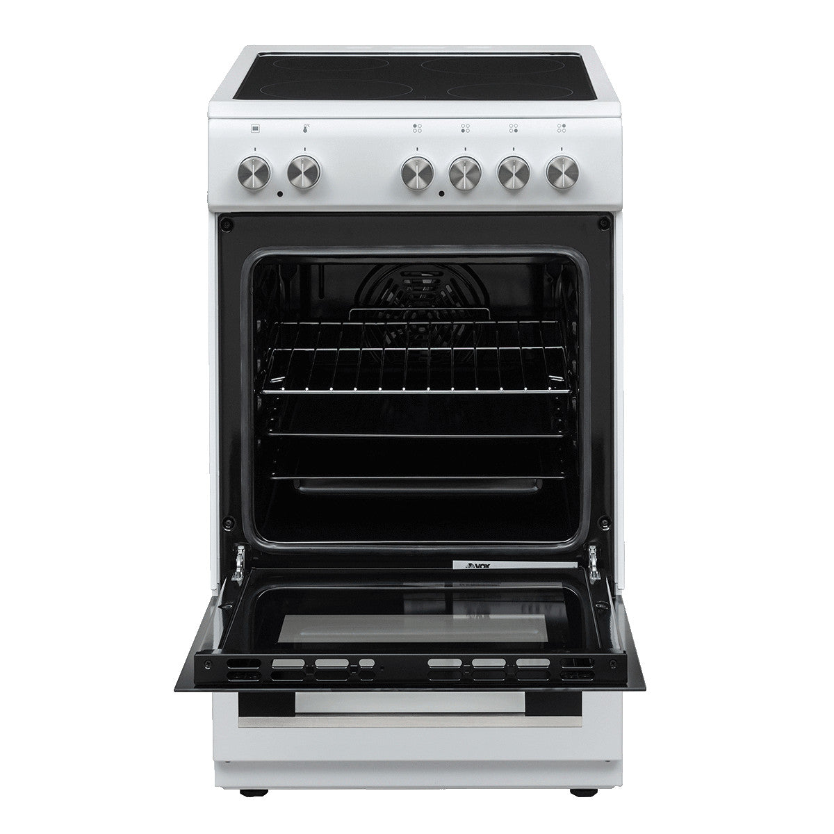 White VOX electric stove with open oven door and control knobs on top panel, designed for even cooking and turbo baking
