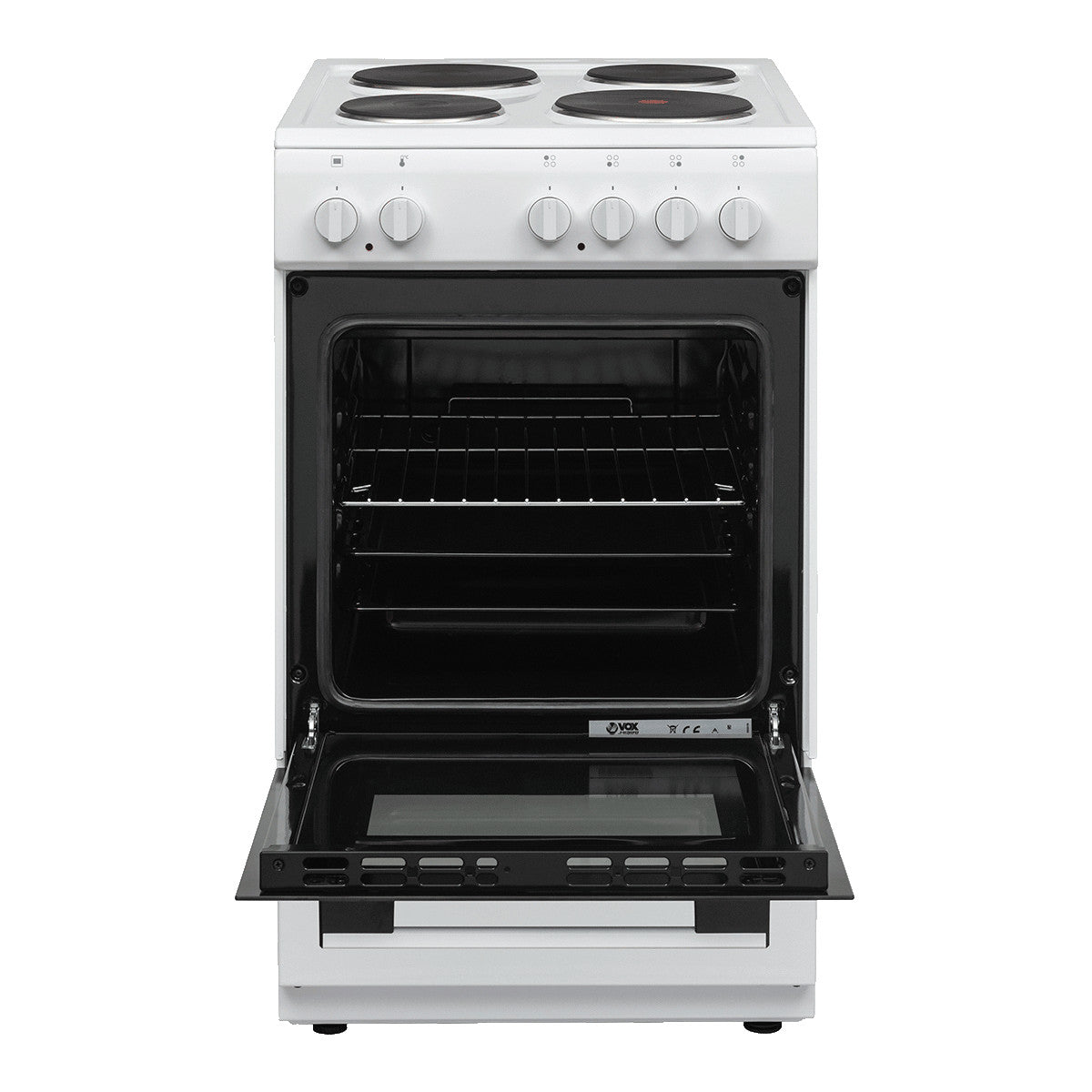 Front view of white portable Vox EHB 5010 WG electric stove with open oven door showing racks and controls
