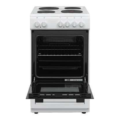 Front view of white portable Vox EHB 5010 WG electric stove with open oven door showing racks and controls