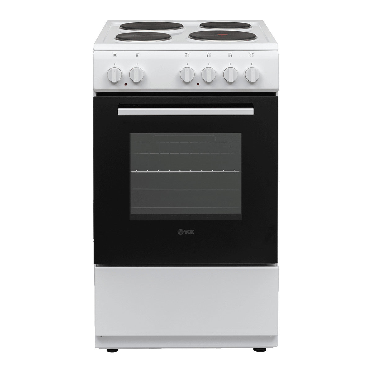 Portable white electric stove with four burners and a large glass oven door for easy viewing inside