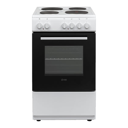 Portable white electric stove with four burners and a large glass oven door for easy viewing inside
