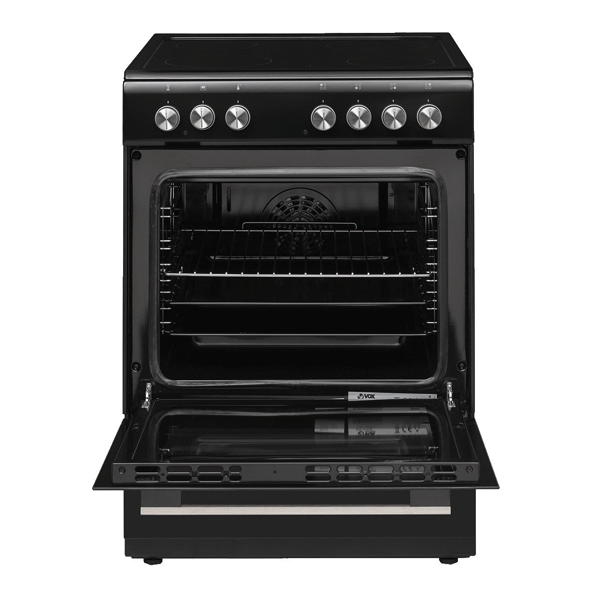 Black VOX CHT 6205 B turbo oven with open door and control knobs on top for portable cooking stove use