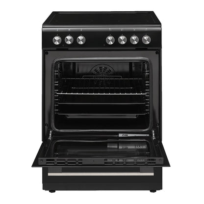 Black VOX CHT 6205 B turbo oven with open door and control knobs on top for portable cooking stove use