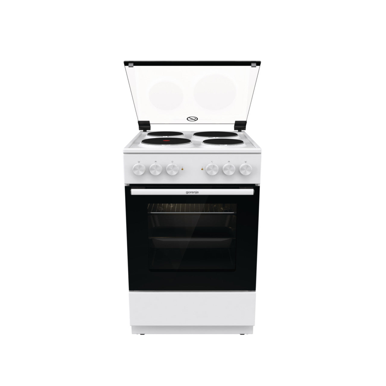 Gorenje GE5A21WH 50cm electric stove with four burners and oven with glass lid open, front view on white background