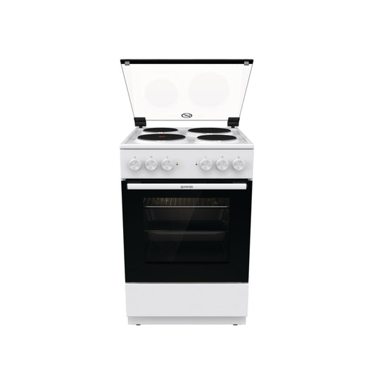 Gorenje GE5A21WH 50cm electric stove with four burners and oven with glass lid open, front view on white background