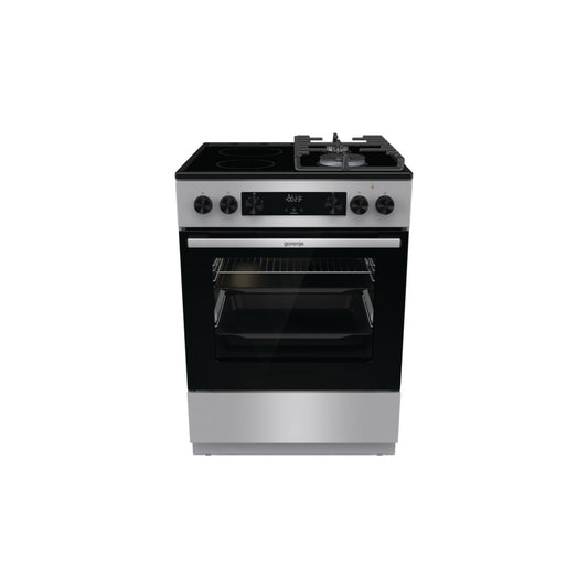 Gorenje GKC6C60XT 60cm stove with oven, six burners including wok burner, stainless steel and black finish