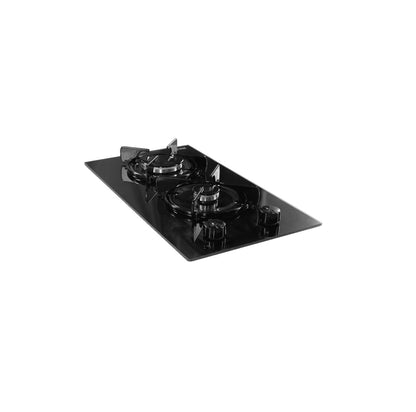 Black glass built-in gas cooktop with two burners and mechanical control knobs on a sleek surface
