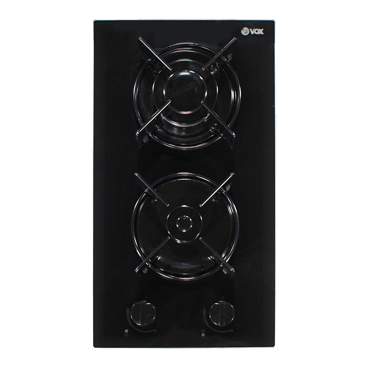 Black Vox built-in GasOnGlass cooktop with two burners and mechanical control knobs
