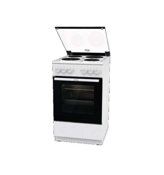White Gorenje GE 5A21 WH electric stove with glass lid and four hotplates, classic oven design, energy class A