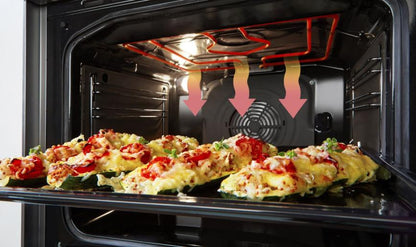 Open electric oven with stuffed vegetables baking on a tray inside showing heating elements and convection fan airflow