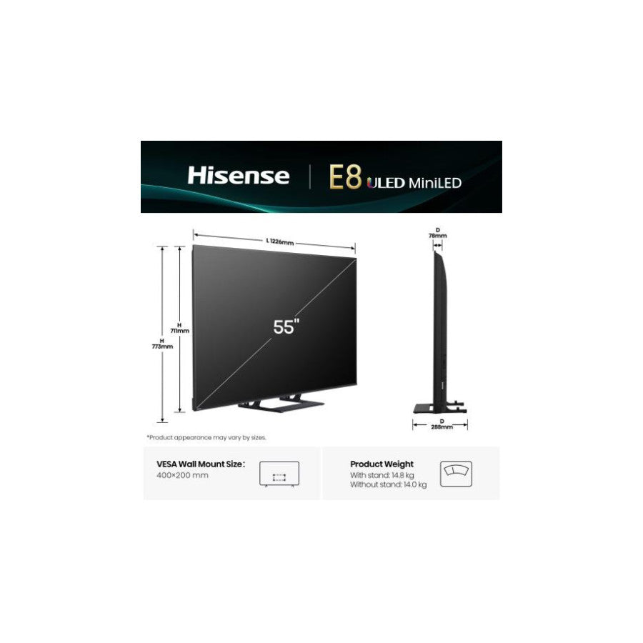 Hisense Smart Mini LED televizor 144Hz 55E8Q 55" 4K UHD 5 GOD GAR