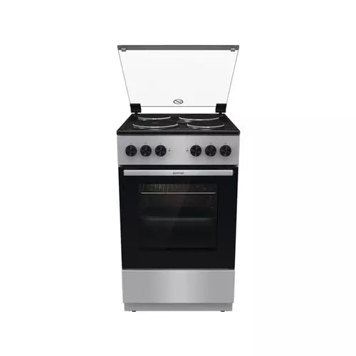 Gorenje electric stove GE5A21SH with four burners, stainless steel and black glass door, compact 50cm design